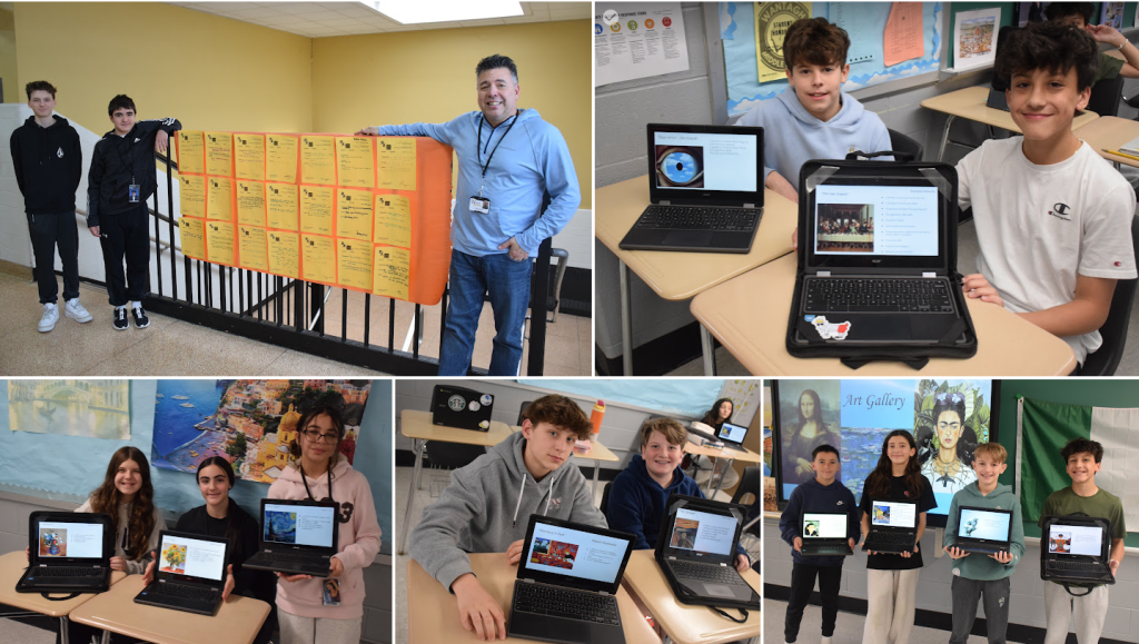 students showing projects on lap top computers